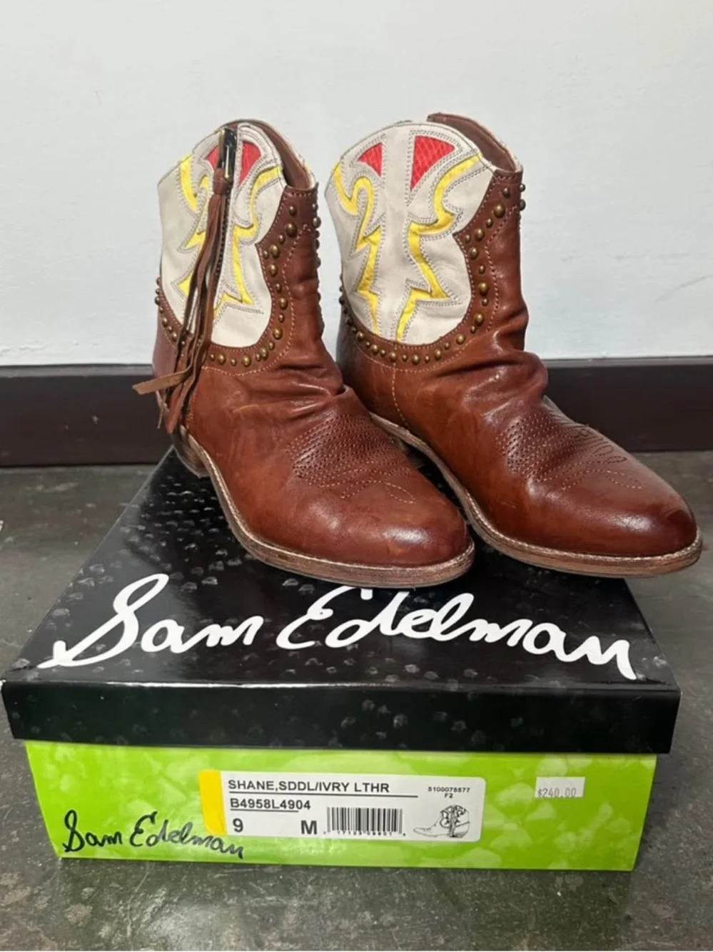 Sam Edelman Men’s Brown Leather Western Boots with Ivory & Yellow Accents